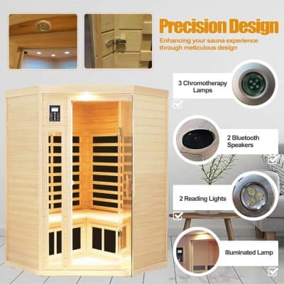 Indoor sauna with chromotherapy, Bluetooth speakers, reading lights, and illuminated lamp for luxury wellness experiences.