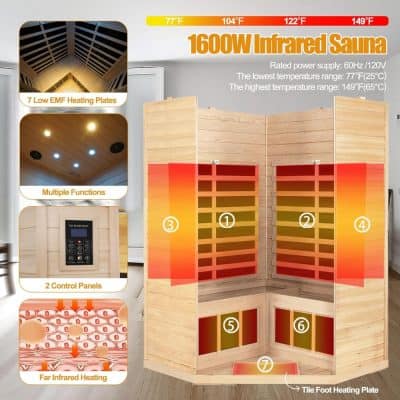 Indoor infrared sauna with wooden design, heating plates, and multiple functions for health and relaxation.