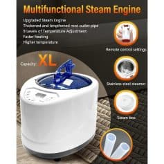 High-capacity XL ultrasonic facial steamer with remote control, stainless steel steamer, adjustable temperature, and steam box for facial and skincare treatments.