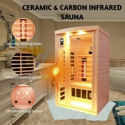 Infrared ceramic sauna for health and wellness benefits, featuring ceramic heating tubes, infrared heating panels, and chromotherapy system for a relaxing experience.