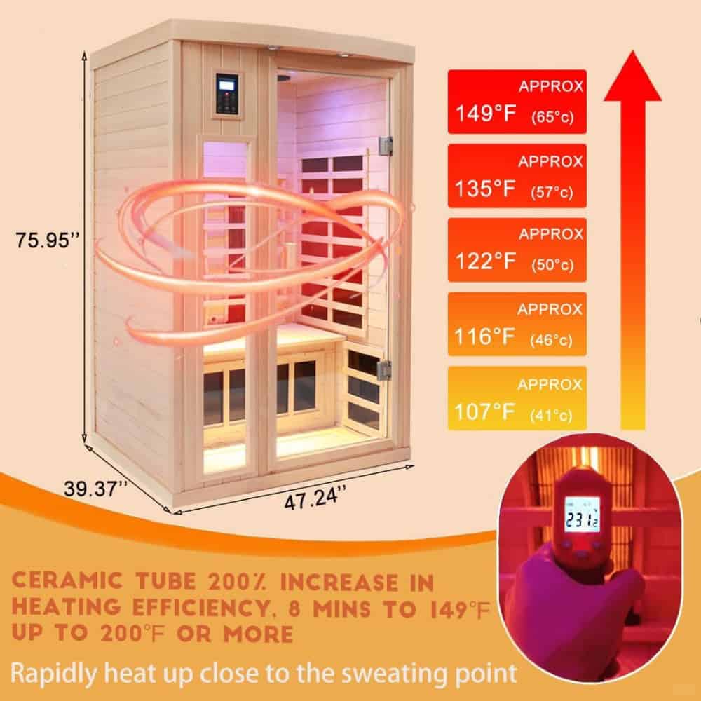 High-quality infrared sauna with adjustable temperature, fast heating, and durable ceramic tubes for optimal heat therapy, ideal for wellness and relaxation.