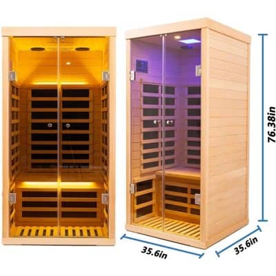 Compact wooden infrared sauna for wellness and relaxation with LED lighting, built-in speakers, and glass doors for easy access and ambiance. Perfect for home health and spa use.