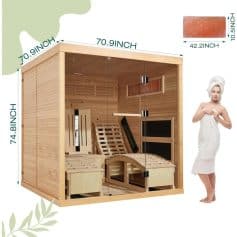 Stylish wooden sauna cabin ideal for relaxation and wellness centers, featuring glass doors, benches, and interior lighting for a luxury spa experience.