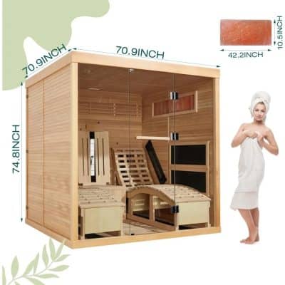 Stylish wooden sauna cabin ideal for relaxation and wellness centers, featuring glass doors, benches, and interior lighting for a luxury spa experience.