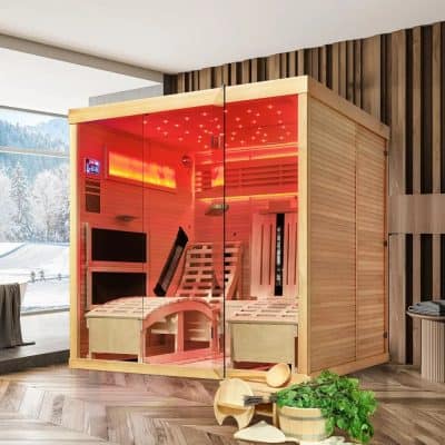 A modern indoor infrared sauna cabin designed for home relaxation and wellness, featuring a spacious interior, LED lighting, and glass door, ideal for stress relief, detox, and muscle relaxation.