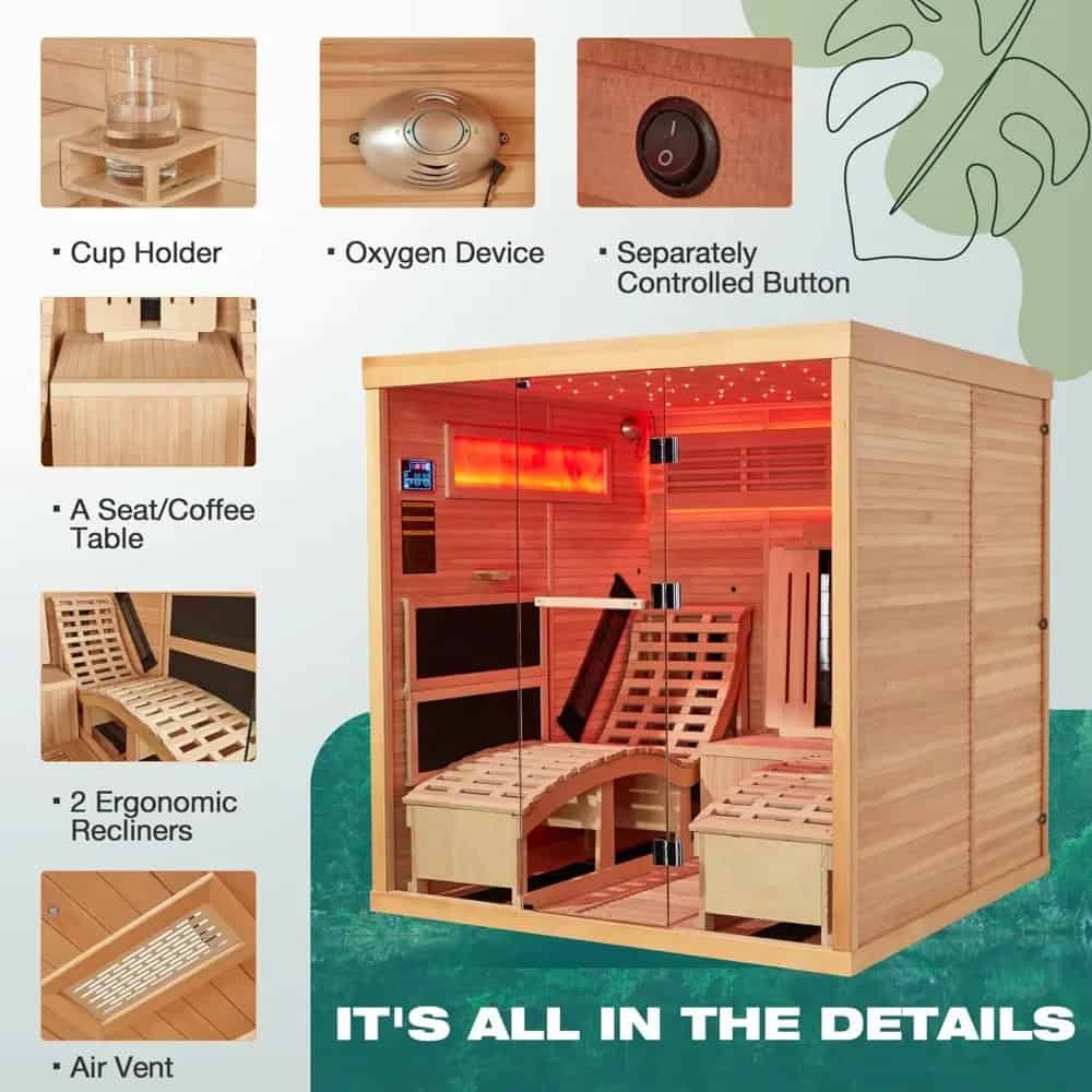 High-quality sauna pod with wooden interior, ergonomic recliners, oxygen device, and air vent for ultimate relaxation in a modern spa setting. Perfect for wellness and health enhancement.