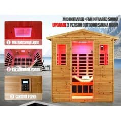 High-quality outdoor infrared sauna for wellness, with mid and far infrared panels, suitable for 3 persons, featuring a control panel for customizable heating, ideal for health and relaxation.