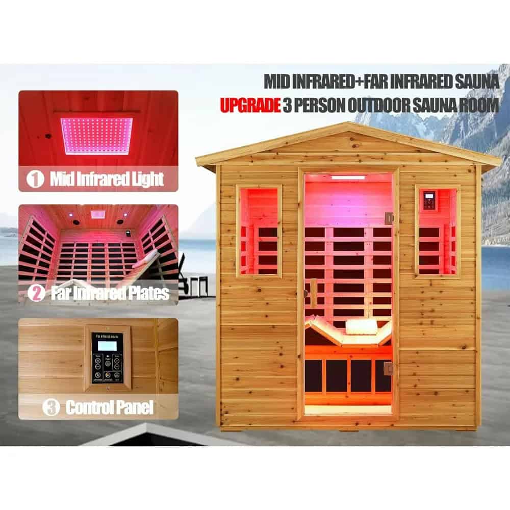 High-quality outdoor infrared sauna for wellness, with mid and far infrared panels, suitable for 3 persons, featuring a control panel for customizable heating, ideal for health and relaxation.
