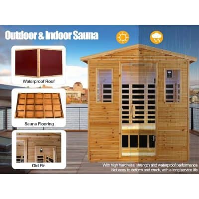 High-quality outdoor and indoor sauna with waterproof roof, sauna flooring, and durable old fir wood for residential and commercial wellness spaces.
