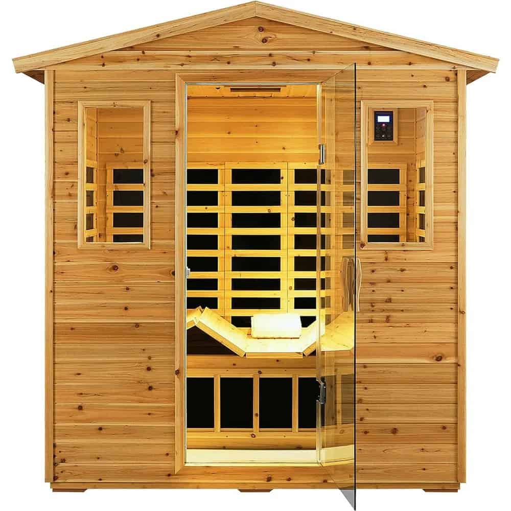 Luxurious wooden sauna cabin featuring glass door, windows, and interior with bench seating, perfect for relaxation and wellness at Monalisa Medical Store.