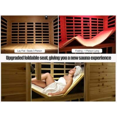 Comfortable sauna foldable seat for relaxation. Upgraded design with flat and reclining options, perfect for enhancing your sauna experience. Made of high-quality wood for durability and comfort.