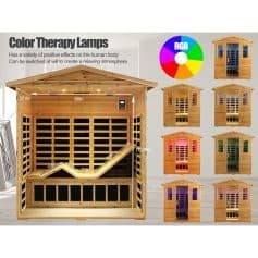 Bright wooden sauna cabin with LED color therapy lighting, ideal for relaxation and skin health, featuring customizable RGB LED lights for color therapy and therapeutic benefits.
