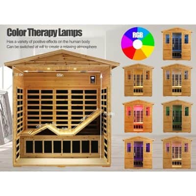 Bright wooden sauna cabin with LED color therapy lighting, ideal for relaxation and skin health, featuring customizable RGB LED lights for color therapy and therapeutic benefits.