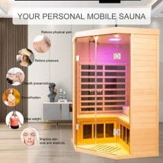 Portable personal infrared sauna for health benefits, pain relief, weight loss, skin improvement, detoxification, and stress reduction, ideal for home use.