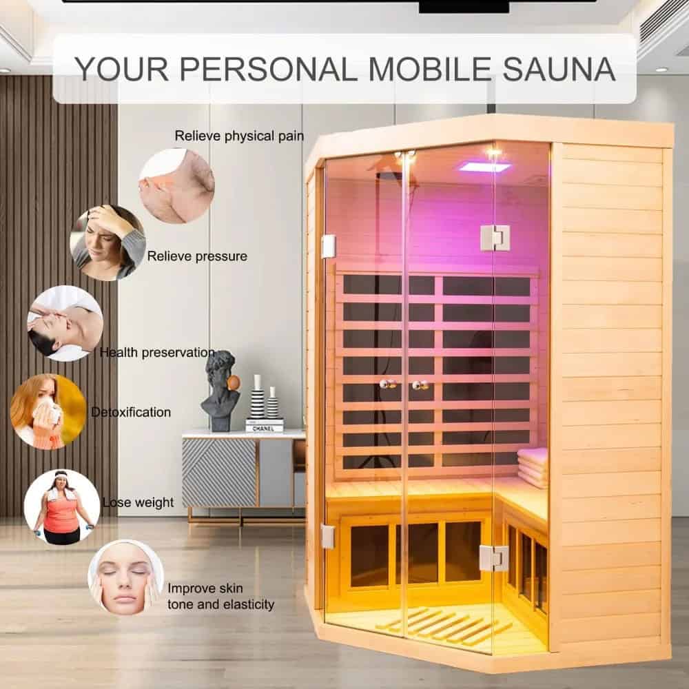 Portable personal infrared sauna for health benefits, pain relief, weight loss, skin improvement, detoxification, and stress reduction, ideal for home use.