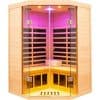 Luxurious wooden infrared sauna with LED lighting, glass doors, and cozy interior for stress relief and relaxation. Perfect for health and wellness at home or spa.