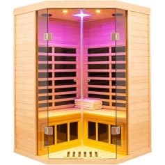 Luxurious wooden infrared sauna with LED lighting, glass doors, and cozy interior for stress relief and relaxation. Perfect for health and wellness at home or spa.