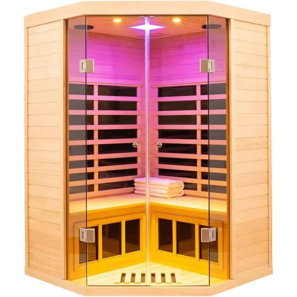 Luxurious wooden infrared sauna with LED lighting, glass doors, and cozy interior for stress relief and relaxation. Perfect for health and wellness at home or spa.