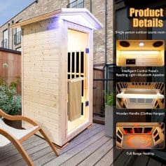 Wooden outdoor sauna with smart control panel, Bluetooth speaker, and reading light. Features include a clothes hanger, advanced heating system, perfect for relaxing and health benefits at home.
