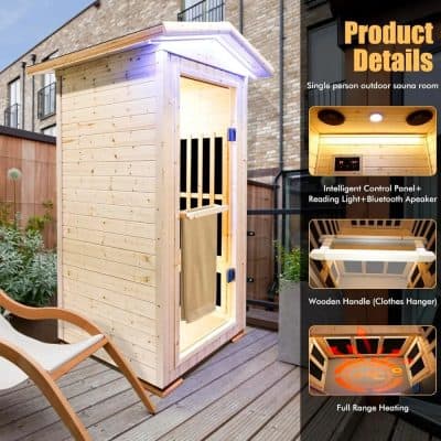 Wooden outdoor sauna with smart control panel, Bluetooth speaker, and reading light. Features include a clothes hanger, advanced heating system, perfect for relaxing and health benefits at home.