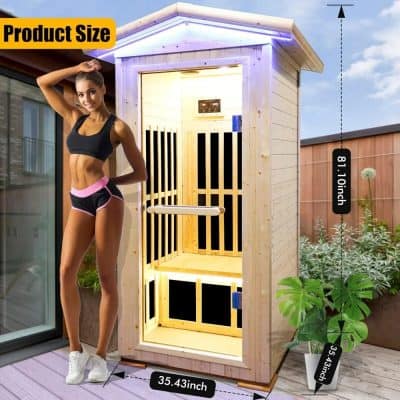 Bright wooden infrared sauna for outdoor relaxation and wellness. Features adjustable temperature, smart control, and easy assembly. Perfect for home spa, wellness, and fitness routines.