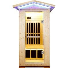 A modern wooden sauna cabin with LED lighting and digital control panel, ideal for home wellness and relaxation.