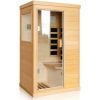 Compact wooden sauna booth with glass door, ideal for relaxation and health benefits, perfect for home or spa. Features natural wood finish, interior benches, and easy installation for wellness enthusiasts.
