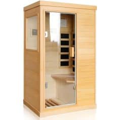 Compact wooden sauna booth with glass door, ideal for relaxation and health benefits, perfect for home or spa. Features natural wood finish, interior benches, and easy installation for wellness enthusiasts.