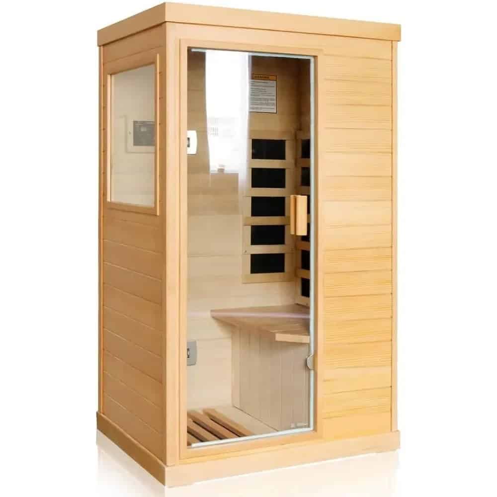 Compact wooden sauna booth with glass door, ideal for relaxation and health benefits, perfect for home or spa. Features natural wood finish, interior benches, and easy installation for wellness enthusiasts.