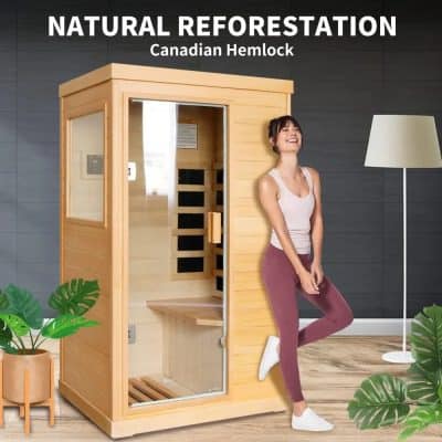 Luxurious portable sauna for relaxation and health benefits. Perfect for home wellness, featuring natural Canadian Hemlock wood and infrared technology for soothing sessions.
