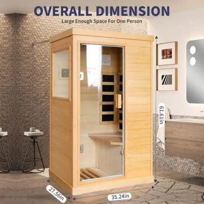 Portable sauna with glass door for personal wellness and relaxation. Compact yet spacious enough for one person, ideal for home or spa use.