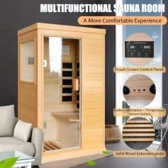 Premium wooden sauna with touch control, ventilation, sensor, and extension pedal for home wellness.