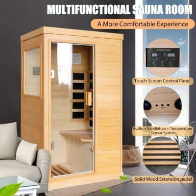 Premium wooden sauna with touch control, ventilation, sensor, and extension pedal for home wellness.