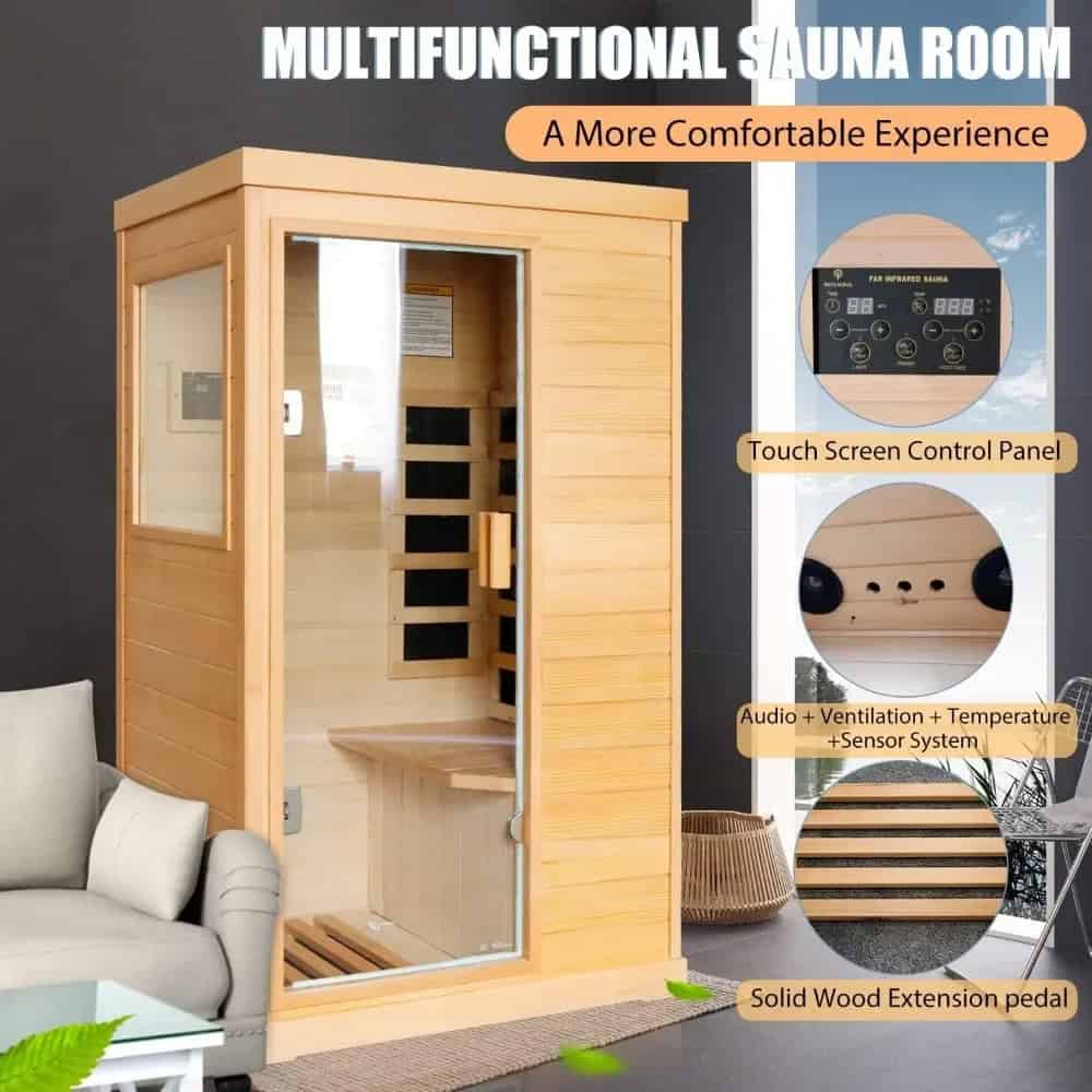 Premium wooden sauna with touch control, ventilation, sensor, and extension pedal for home wellness.