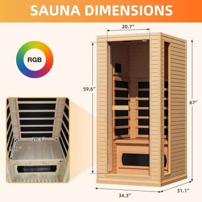 Custom outdoor sauna with precise dimensions for home wellness and relaxation, featuring natural wood construction, RGB LED lighting, and ergonomic design, perfect for health and stress relief.