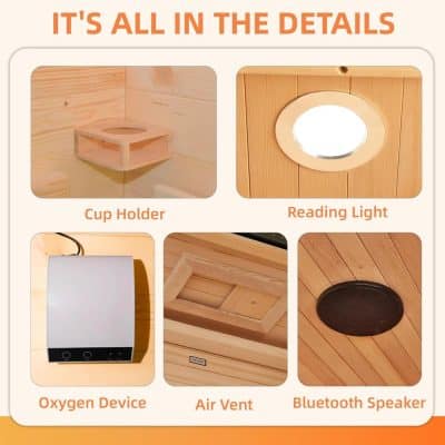 A collection of essential sauna accessories including a cup holder, reading light, oxygen device, air vent, and Bluetooth speaker designed to enhance your sauna experience with convenience and technology.
