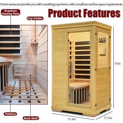 High-quality infrared sauna with space-saving design, featuring wood interior, adjustable temperature controls, and built-in accessories for ultimate relaxation.