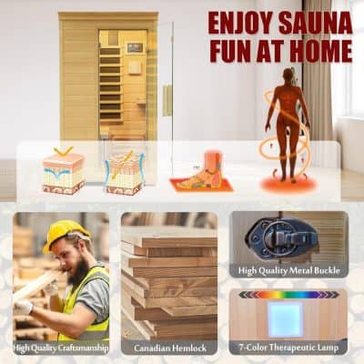 High-quality infrared sauna for home use, featuring Canadian Hemlock wood, durable metal buckle, and soothing 7-color therapeutic lamp for wellness and relaxation.