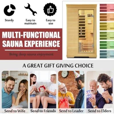 Luxury infrared sauna cabinet for relaxation and health benefits, perfect for home wellness, with customizable wood colors and easy-to-maintain design.