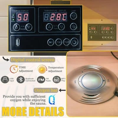 Digital control panel for sauna temperature and time settings with oxygen bar feature.
