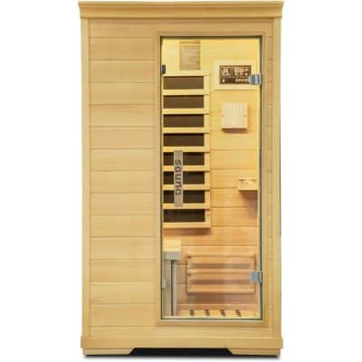 High-quality infrared sauna cabinet for wellness and relaxation, featuring digital control panel, wooden interior, and customizable settings for optimal health benefits.
