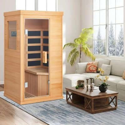 Luxurious indoor wooden sauna for relaxation and wellness. Perfect for home spas, featuring spacious interior, glass door, and easy assembly. Enhance your health and comfort today.