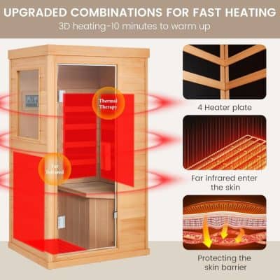 Modern infrared sauna with advanced heating technology for relaxation and health benefits. Features include thermal therapy, four heater plates, and skin protection. Perfect for home or spa use.