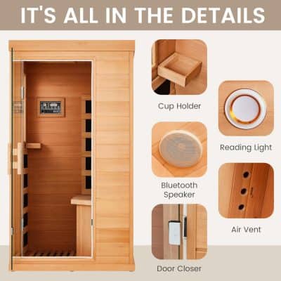 A wooden sauna with cup holder, Bluetooth speaker, reading light, air vent, door closer, perfect for wellness and relaxation. Enhance your sauna experience with smart features and ergonomic design.
