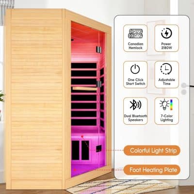 Luxurious wooden sauna with colorful LED light strip and dual Bluetooth speakers, featuring Canadian Hemlock wood, adjustable timer, power 2180W, and foot heating plate for ultimate relaxation.