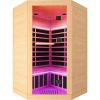 A modern indoor infrared sauna cabin with warm wooden exterior and pink LED lighting, perfect for home relaxation and wellness. Easy-to-use, space-saving design, ideal for health benefits and stress relief.