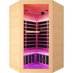 A modern indoor infrared sauna cabin with warm wooden exterior and pink LED lighting, perfect for home relaxation and wellness. Easy-to-use, space-saving design, ideal for health benefits and stress relief.