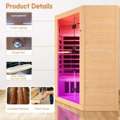 Luxurious infrared sauna for wellness and relaxation. Features 7-color LED lighting, oxygen bar, touchscreen controls, Canadian Hemlock wood, and polished interior for a professional spa experience.