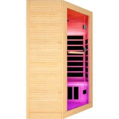 High-quality wooden sauna with modern design, perfect for home wellness, relaxation, and de-stressing. Features interior lighting, comfy benches, and easy-to-use controls for a relaxing experience.