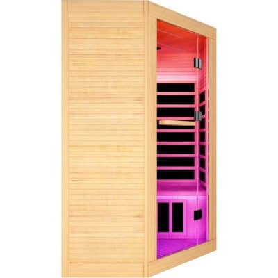 High-quality wooden sauna with modern design, perfect for home wellness, relaxation, and de-stressing. Features interior lighting, comfy benches, and easy-to-use controls for a relaxing experience.